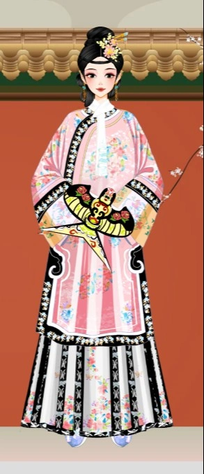 "A concubine's mother visiting the palace to help her daughter. She dresses in pale pink and apricot, she's not here to impress, she is here to care." 