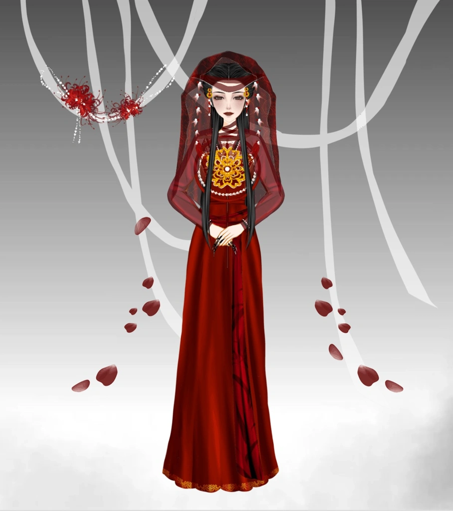 Priestess Bride
Even at her own wedding, it was the priestess they came to see, not the bride — a priestess still, composed as porcelain, while something ancient and aching quietly came undone beneath the silk.